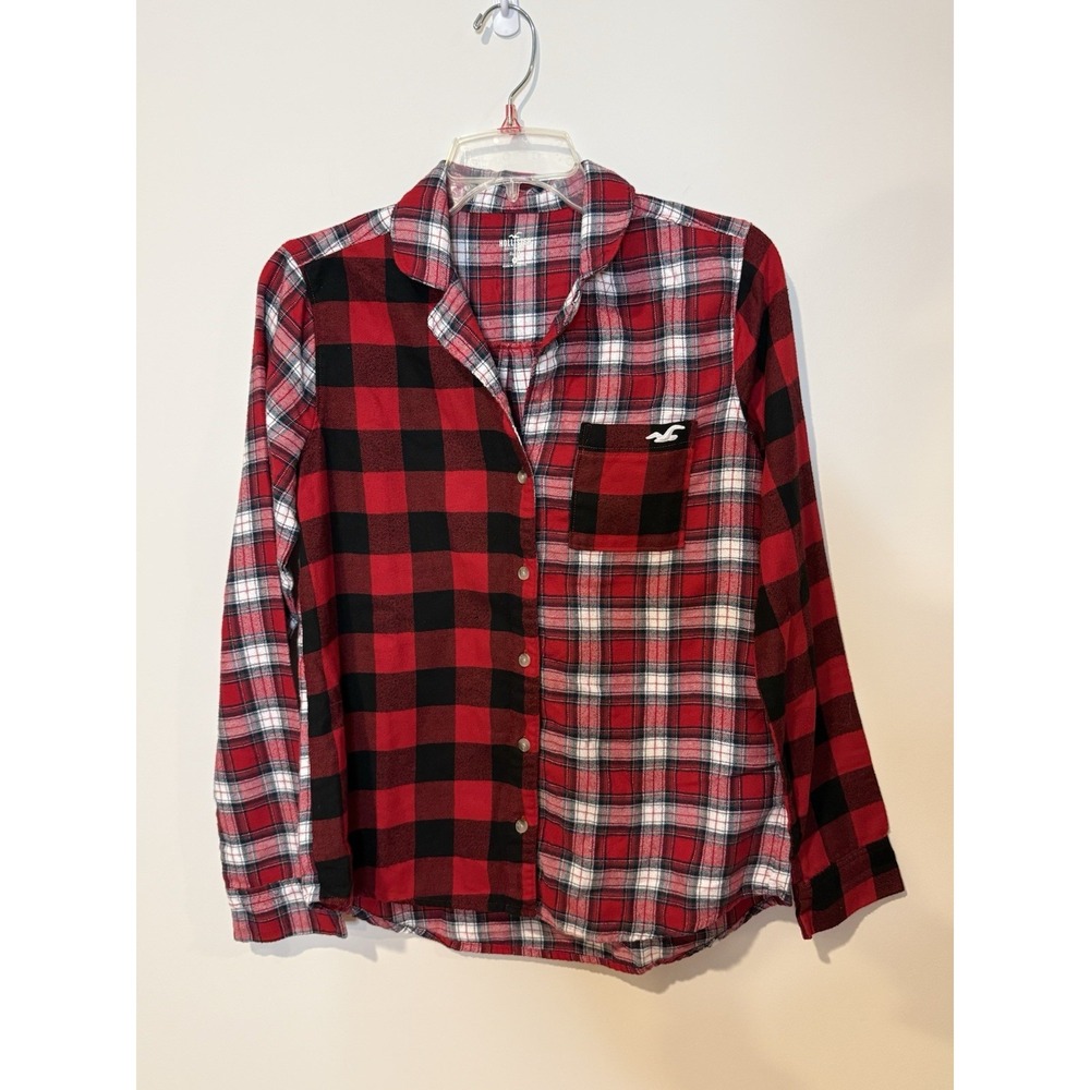 Hollister Women's XS Sleep Shirt Flannel Buffalo Plaid Logo Comfy PJ's Red Black